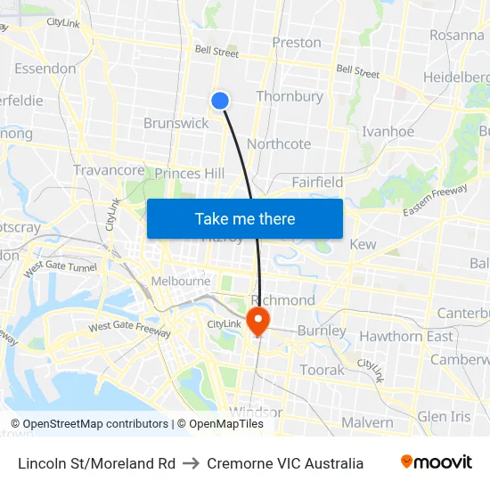 Lincoln St/Moreland Rd to Cremorne VIC Australia map
