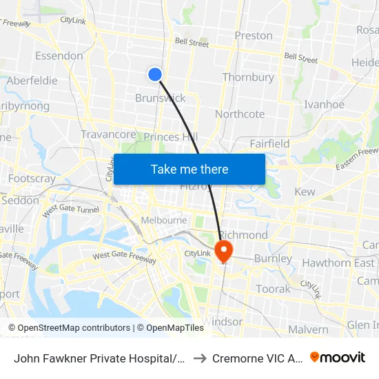 John Fawkner Private Hospital/Moreland Rd to Cremorne VIC Australia map