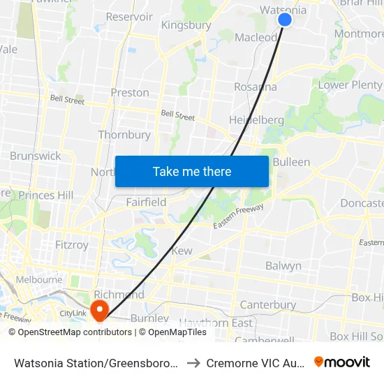 Watsonia Station/Greensborough Hwy to Cremorne VIC Australia map