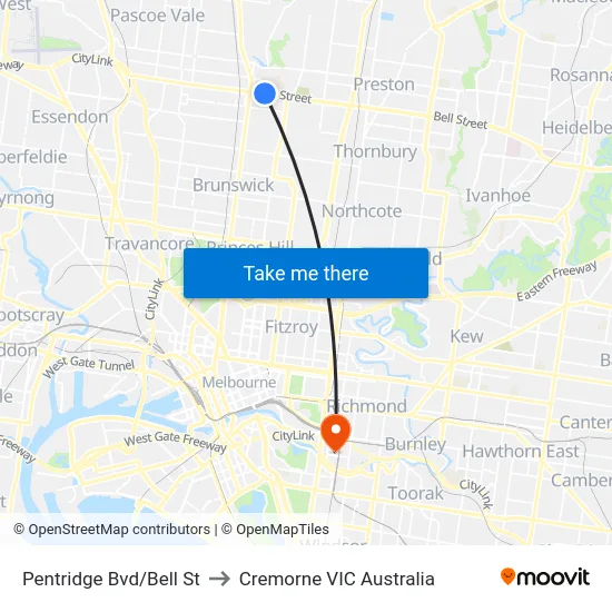 Pentridge Bvd/Bell St to Cremorne VIC Australia map