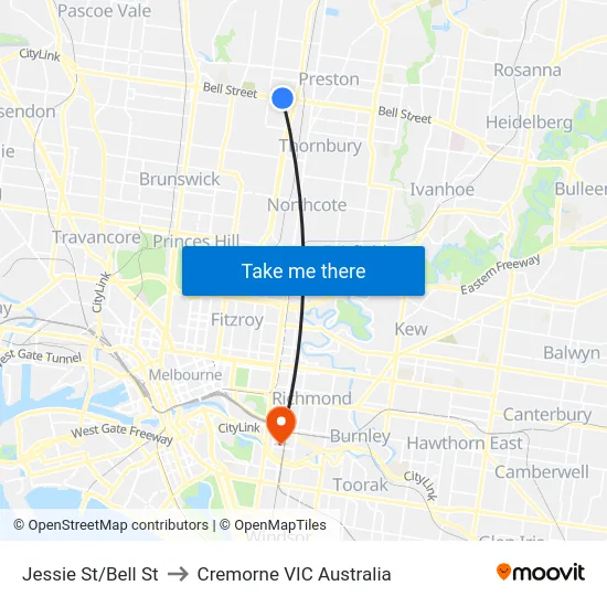 Jessie St/Bell St to Cremorne VIC Australia map