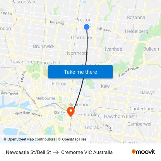 Newcastle St/Bell St to Cremorne VIC Australia map