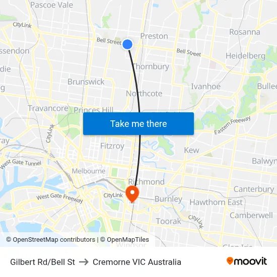 Gilbert Rd/Bell St to Cremorne VIC Australia map
