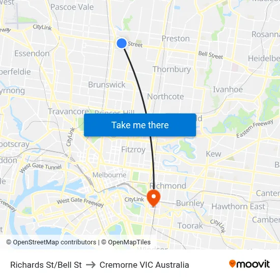 Richards St/Bell St to Cremorne VIC Australia map