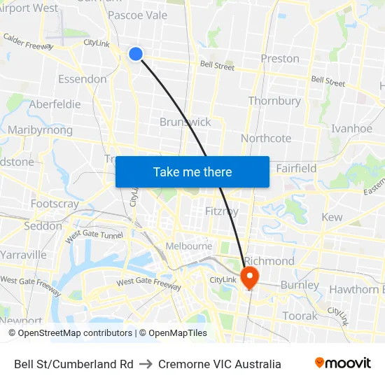 Bell St/Cumberland Rd to Cremorne VIC Australia map