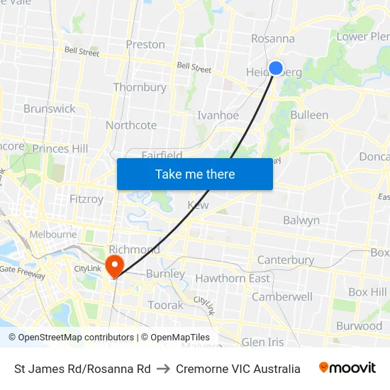 St James Rd/Rosanna Rd to Cremorne VIC Australia map