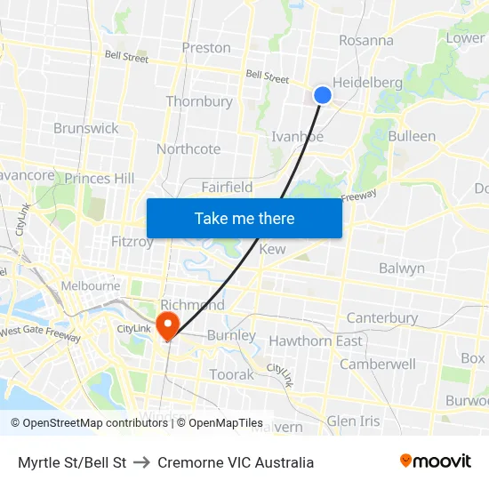 Myrtle St/Bell St to Cremorne VIC Australia map