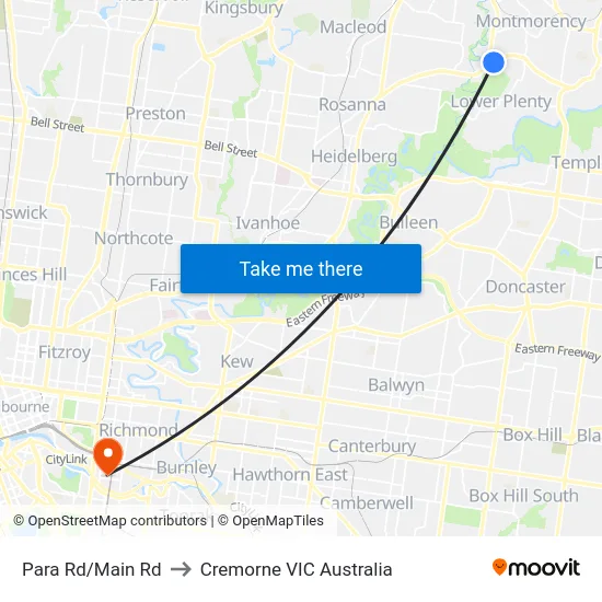 Para Rd/Main Rd to Cremorne VIC Australia map