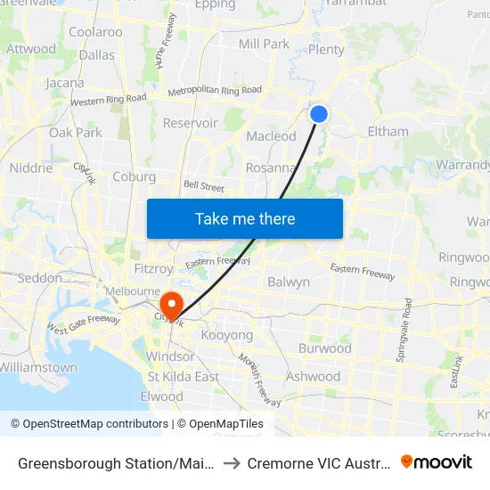 Greensborough Station/Main St to Cremorne VIC Australia map