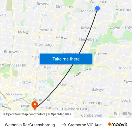 Watsonia Rd/Greensborough Hwy to Cremorne VIC Australia map
