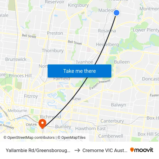 Yallambie Rd/Greensborough Hwy to Cremorne VIC Australia map