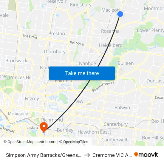 Simpson Army Barracks/Greensborough Hwy to Cremorne VIC Australia map