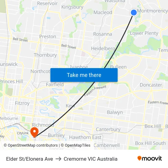 Elder St/Elonera Ave to Cremorne VIC Australia map