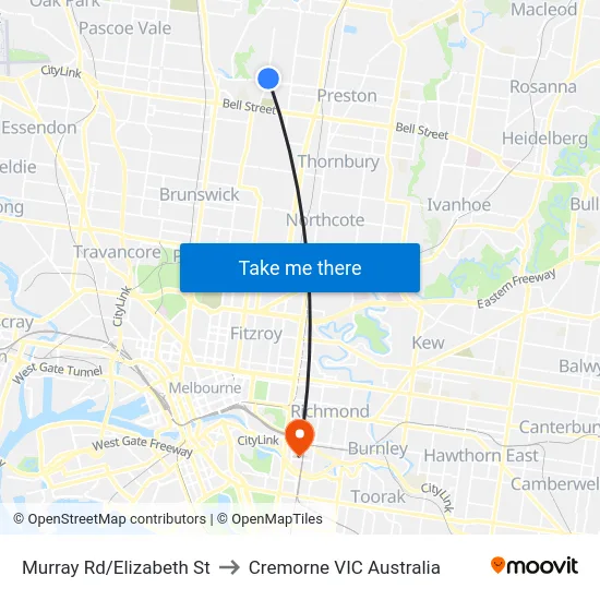 Murray Rd/Elizabeth St to Cremorne VIC Australia map