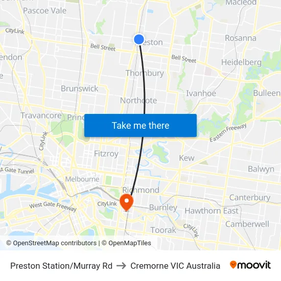 Preston Station/Murray Rd to Cremorne VIC Australia map