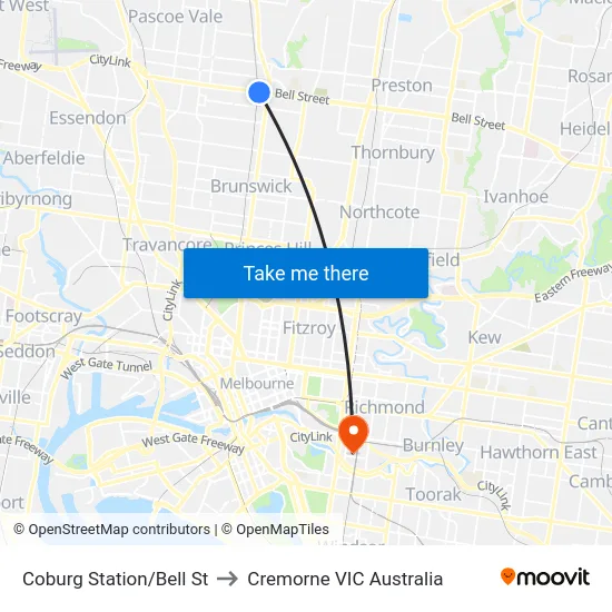 Coburg Station/Bell St to Cremorne VIC Australia map