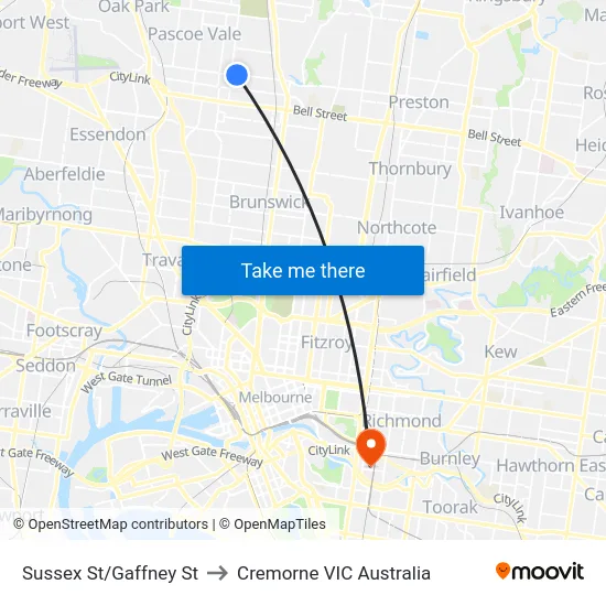 Sussex St/Gaffney St to Cremorne VIC Australia map