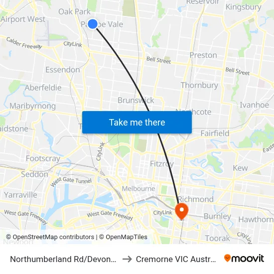 Northumberland Rd/Devon Rd to Cremorne VIC Australia map
