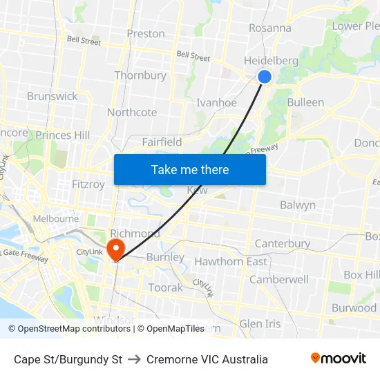 Cape St/Burgundy St to Cremorne VIC Australia map