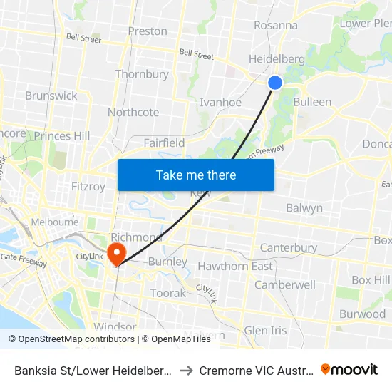 Banksia St/Lower Heidelberg Rd to Cremorne VIC Australia map