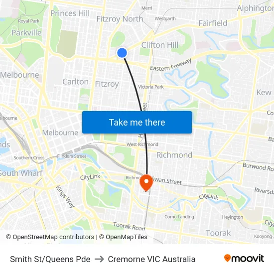Smith St/Queens Pde to Cremorne VIC Australia map