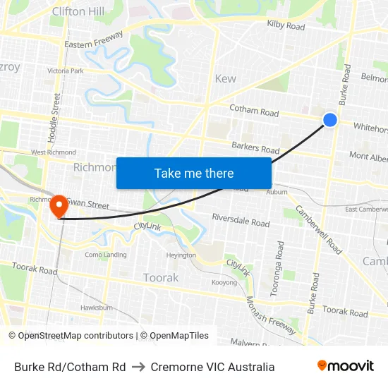 Burke Rd/Cotham Rd to Cremorne VIC Australia map