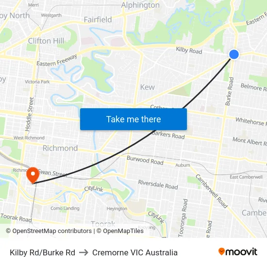 Kilby Rd/Burke Rd to Cremorne VIC Australia map
