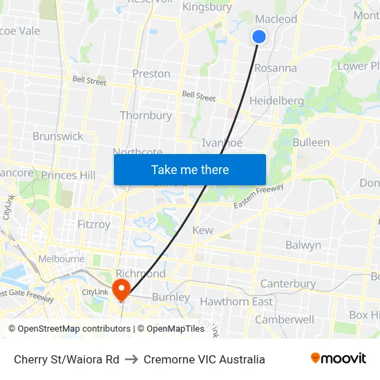 Cherry St/Waiora Rd to Cremorne VIC Australia map
