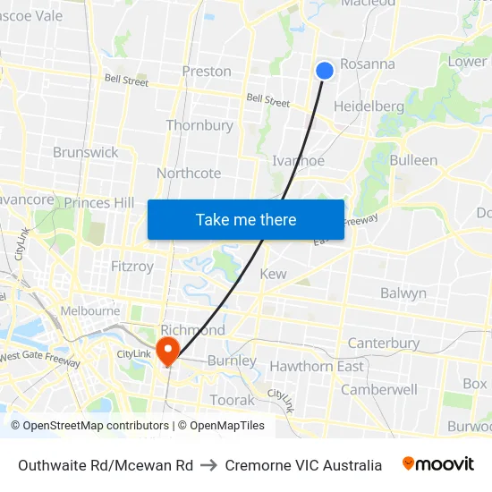 Outhwaite Rd/Mcewan Rd to Cremorne VIC Australia map