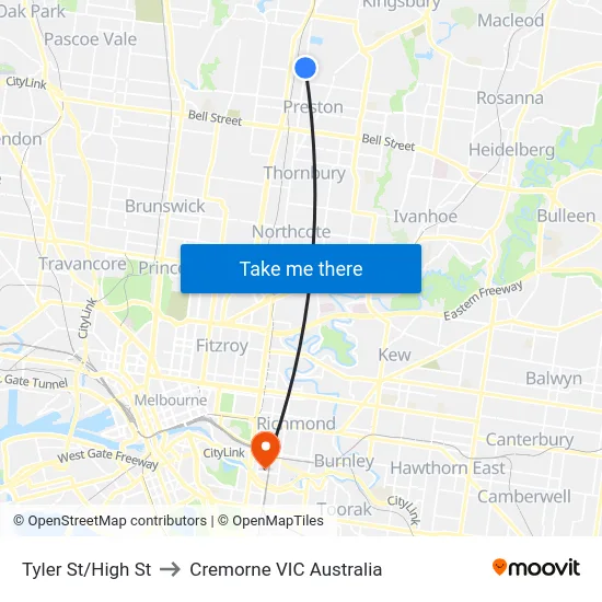 Tyler St/High St to Cremorne VIC Australia map