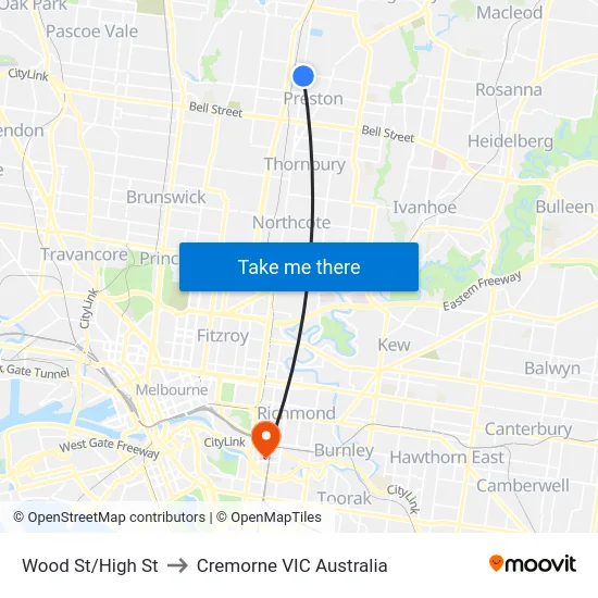 Wood St/High St to Cremorne VIC Australia map