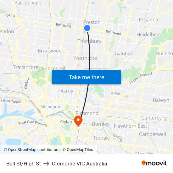 Bell St/High St to Cremorne VIC Australia map