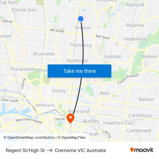 Regent St/High St to Cremorne VIC Australia map