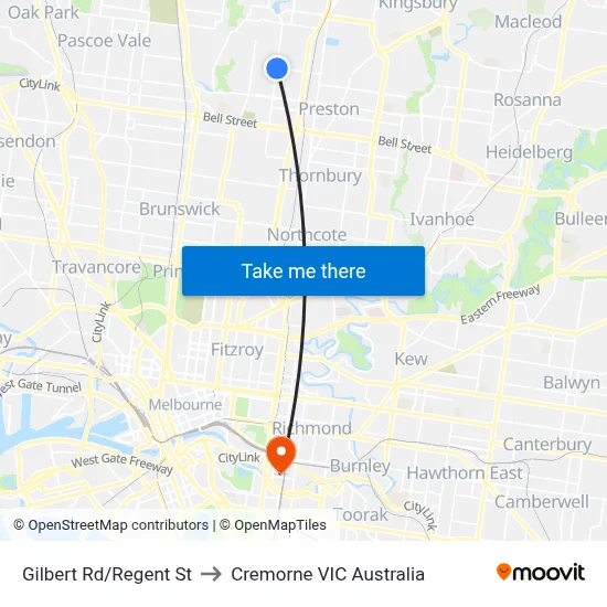 Gilbert Rd/Regent St to Cremorne VIC Australia map