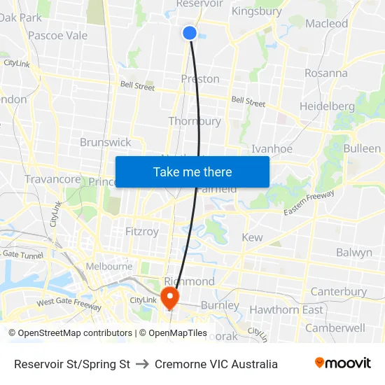 Reservoir St/Spring St to Cremorne VIC Australia map