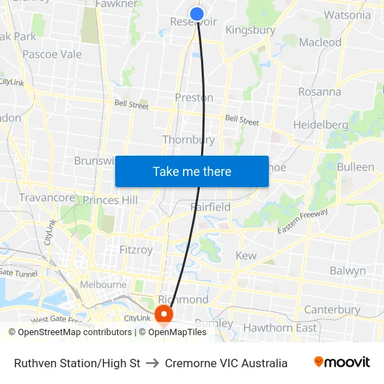 Ruthven Station/High St to Cremorne VIC Australia map