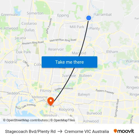 Stagecoach Bvd/Plenty Rd to Cremorne VIC Australia map
