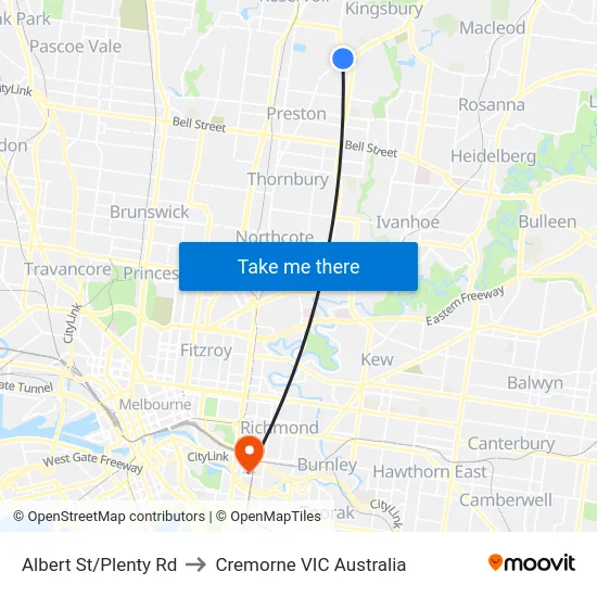 Albert St/Plenty Rd to Cremorne VIC Australia map