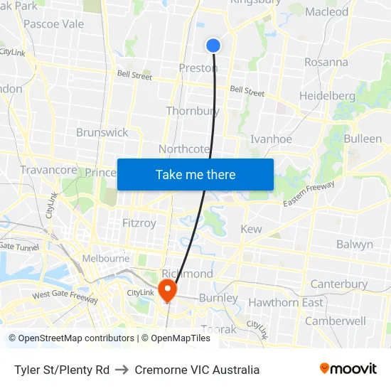 Tyler St/Plenty Rd to Cremorne VIC Australia map