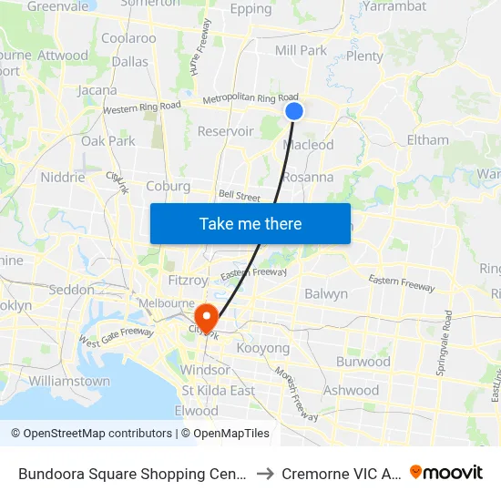 Bundoora Square Shopping Centre/Plenty Rd to Cremorne VIC Australia map