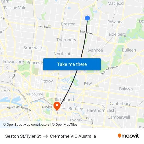Seston St/Tyler St to Cremorne VIC Australia map