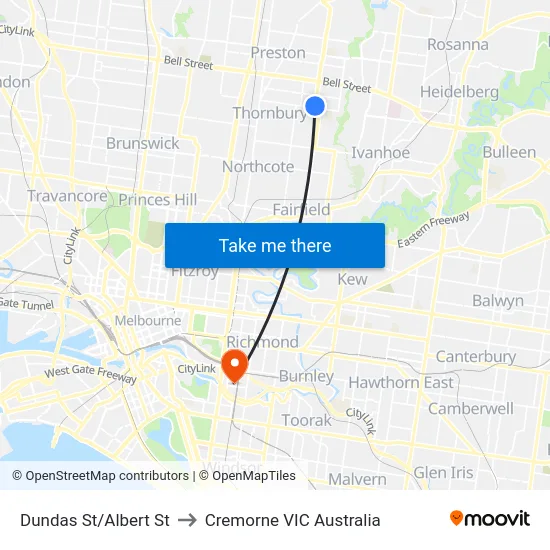 Dundas St/Albert St to Cremorne VIC Australia map
