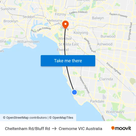 Cheltenham Rd/Bluff Rd to Cremorne VIC Australia map