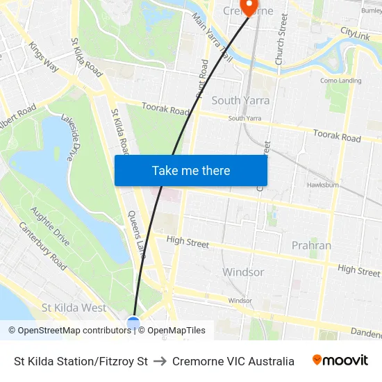 St Kilda Station/Fitzroy St to Cremorne VIC Australia map