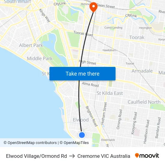Elwood Village/Ormond Rd to Cremorne VIC Australia map