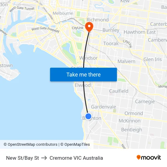 New St/Bay St to Cremorne VIC Australia map