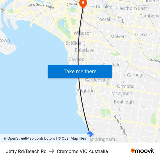 Jetty Rd/Beach Rd to Cremorne VIC Australia map