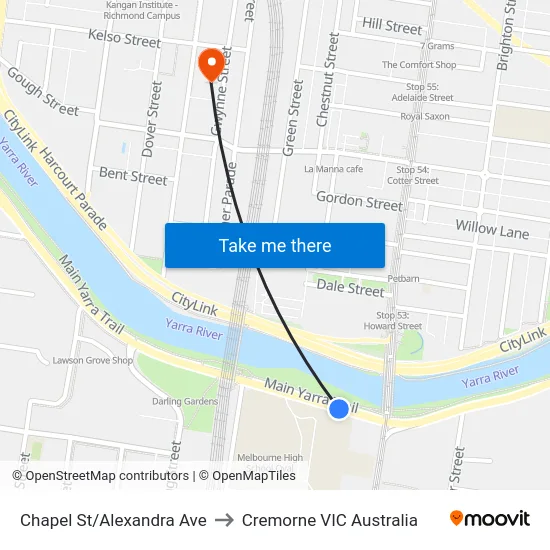 Chapel St/Alexandra Ave to Cremorne VIC Australia map