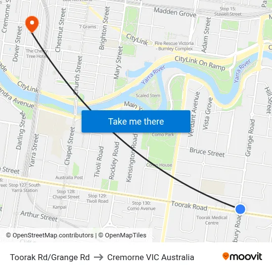 Toorak Rd/Grange Rd to Cremorne VIC Australia map