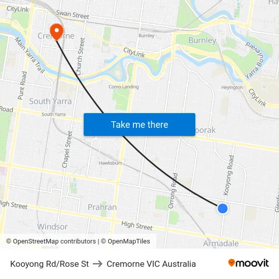 Kooyong Rd/Rose St to Cremorne VIC Australia map